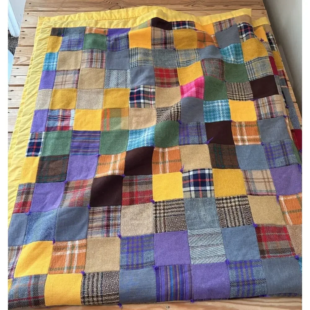 Vintage Handmade Wool Patchwork quilt Size 84x70 Yellow Sf